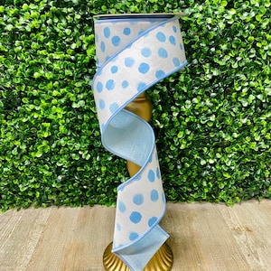 Ruban bleu à pois aquarelle de 2,5 pouces ~ 10 mètres ~ Avec fil