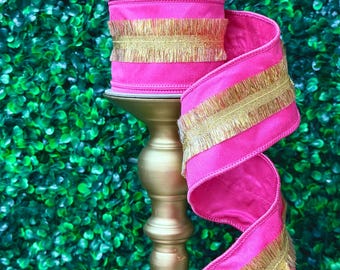 Pink Ribbon with Gold Tinsel -2.5 inch - 10 yards - Wired