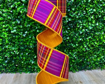 2.5 inch Purple and Orange Plaid Ribbon ~ 10 yards ~ Wired ~ Farrisilk Candy Corn Plaid Ribbon