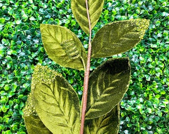 Green Velvet & Glitter Magnolia Leaf Spray  - 25 inches