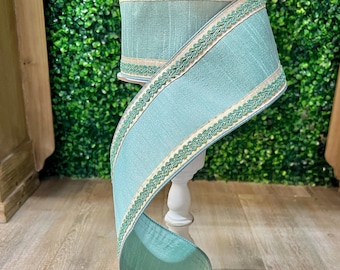 4 Inch Celadon Blue Vintage Scroll Embroidered Ribbon ~ Wired ~ 10 yards