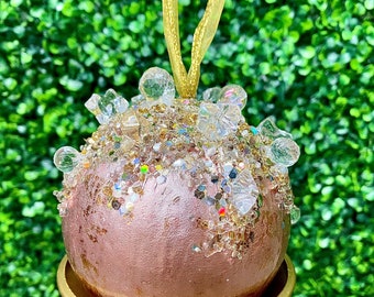 Rose Gold Heavy Jeweled Ornament Ball 4 in., Rose Gold Christmas Tree Ornament, Rose Gold Wreath Attachment, Rose Gold Christmas Decorations