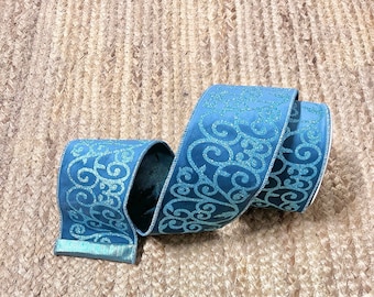 4 Inch Blue Velvet with Blue Glitter Scroll ~ 10 yards ~ Wired
