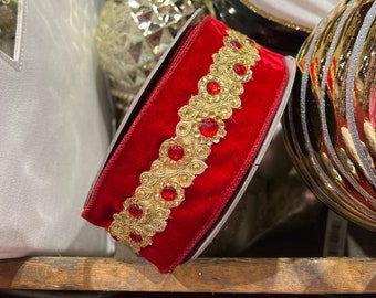 EXCLUSIVE Ruby Red Jeweled Velvet 2.5 inch Ribbon