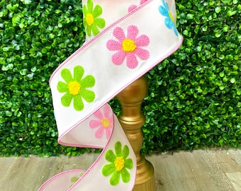 2.5 inch Spring Daisy Ribbon- Farrisilk - 10 yards - Wired