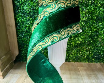 4 Inch Emerald Green Velvet With Grand Tapestry Ribbon - 5 yards