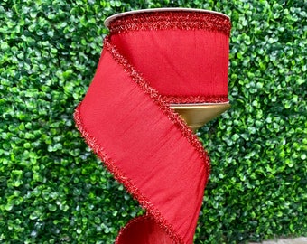 2.5” Red Metallic Edge Fused Dupion Ribbon ~ 10 yards