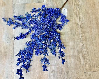 Royal Blue Glittered Berry and Cedar Spray ~ 29 inch