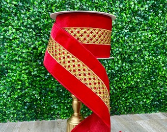 4” Red Gold Jeweled Lace ~ Wired ~ 5 yards ~ Farrisilk