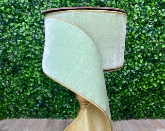 4 inch Mint Lush Velvet Ribbon w/ Gold Backing~ Velvet Ribbon ~ Wired ~ 10 yards