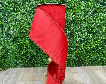 4” Red Metallic Edge Fused Dupion Ribbon ~ 10 yards