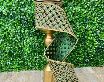 4 Inch Emerald Green Laser Cut Flowers with Gold Embroidery Ribbon ~ 5 yards ~ Wired
