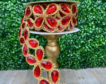 2.5” Red & Gold Jewel Floret Trim Ribbon - 6yds