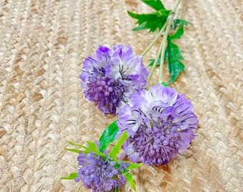 Purple Scabosia Flower Spray, 3 real touch flower heads, 30" - ARTIFICIAL