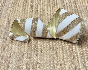 4 inch White Velvet with Horizontal Gold Glitter Stripes ~ 5 yards