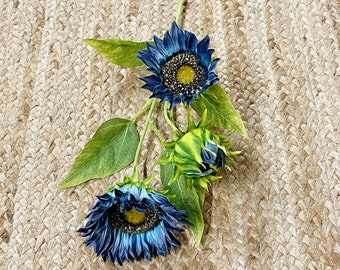 Blue Sunflower Spray ~ 2 flowers 1 bud ~ 26 inches