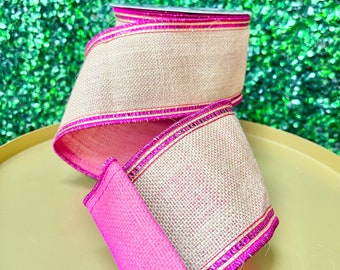 4 inch Burlap with Pink Sequin Trim ~ 10 yards ~ Wired