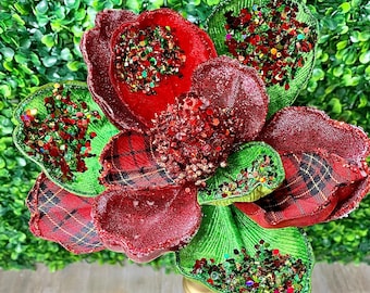 Red and Green Sparkle Plaid Magnolia - H 19.5 x D 7