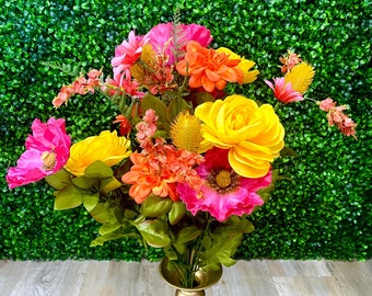 Pink and Yellow Poppy and Ranunculus Bush ~ 22” ~ Hot Pink - ARTIFICIAL