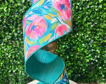 4 Inch Turquoise & Pink Floral Pattern Ribbon - 10 yards