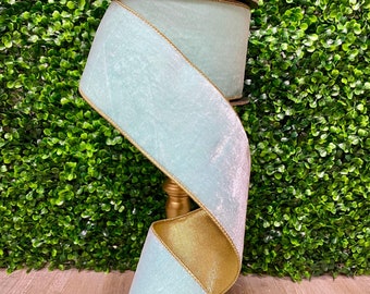 4” Light Blue Velvet Ribbon w/ Gold Backing~ Tiffany Blue Velvet Ribbon ~ Wired ~ 10 yards