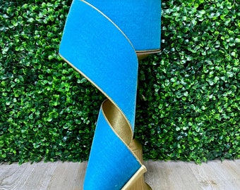 4” Bright Blue Velvet Ribbon w/ Gold Backing~ Blue Moon Velvet Ribbon ~ Wired ~ 10 yards