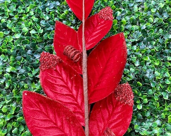 Red Velvet & Glitter Magnolia Leaf Spray  - 25 inches