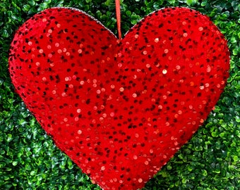XL Red Sequin Heart Ornament - H12xW13xD5 inches