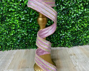 1.5 Inch Farrisilk Pink Iridescent Stripes~ 5 yards ~ Wired
