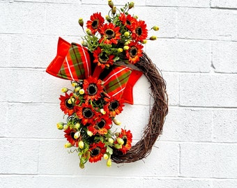 Fall Grapevine Wreath with Orange Sunflowers & Plaid Bow – Rustic Autumn Door Decor