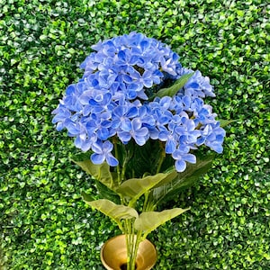 May include: A bouquet of blue hydrangea flowers in a gold vase against a green backdrop.