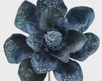 Blue Velvet Jeweled Magnolia Stem ~ 19 inch