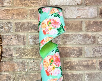4 inch Coral Peach Rose Floral & Mint Green Ribbon ~ 10 yards ~ Wired