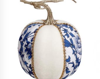 Mark Roberts Blue Chinoiserie Toile and White Velvet Pumpkin with Diamonds 7 inch - TALL