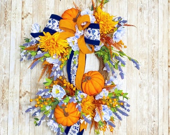 Fall Door Wreath, Blue Autumn Wreath, Floral Fall Wreath, Farmhouse Fall, Clemson Fall Decor, Housewarming Gift, Thanksgiving decor