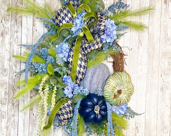 Blue Fall Wreath ~ Fall Front Door Wreath, Pumpkin Door Hanger~ Thanksgiving decor~ Fall Floral Wreath~ Autumn Grapevine Wreath~ Houswarming