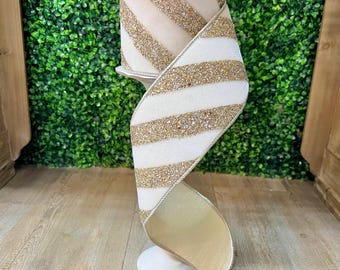 4inch White Velvet Ribbon Gold Glitter Stripes ~ Wired ~ 5 Yards
