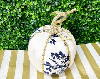 Mark Roberts Blue & White Velvet Chinoiserie Pumpkin with Diamonds ~ 7 inch ~ TALL
