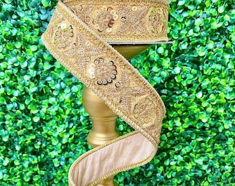 1.5” Gold and Beige Sequin Embroidered Ribbon ~ 5 yards
