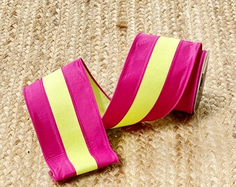 4 inch Farrisilk ~ Hot Pink / Lime Accent Stripe Ribbon ~ 10 Yards ~ Wired