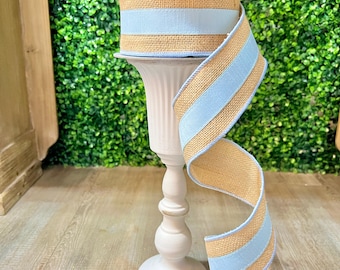 2.5 Inch Light Blue Burlap Boarders Ribbon ~ 10 Yards ~ Wired