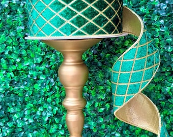 2.5 Inch Emerald Green and Gold Diamond Velvet Ribbon ~ 10 Yards~ Wired