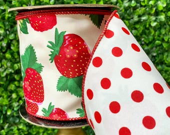 4 inch Strawberry Ribbon W Polka Dot Backing ~ 10 yards ~ Wired
