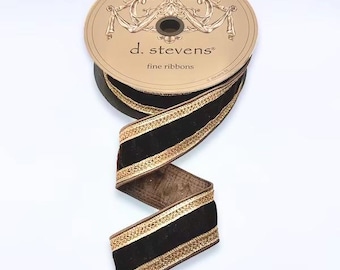 2.5 Inch Chocolate Brown Velvet Ribbon with Bronze Embroidered Edge ~ 10 Yards ~ Wired