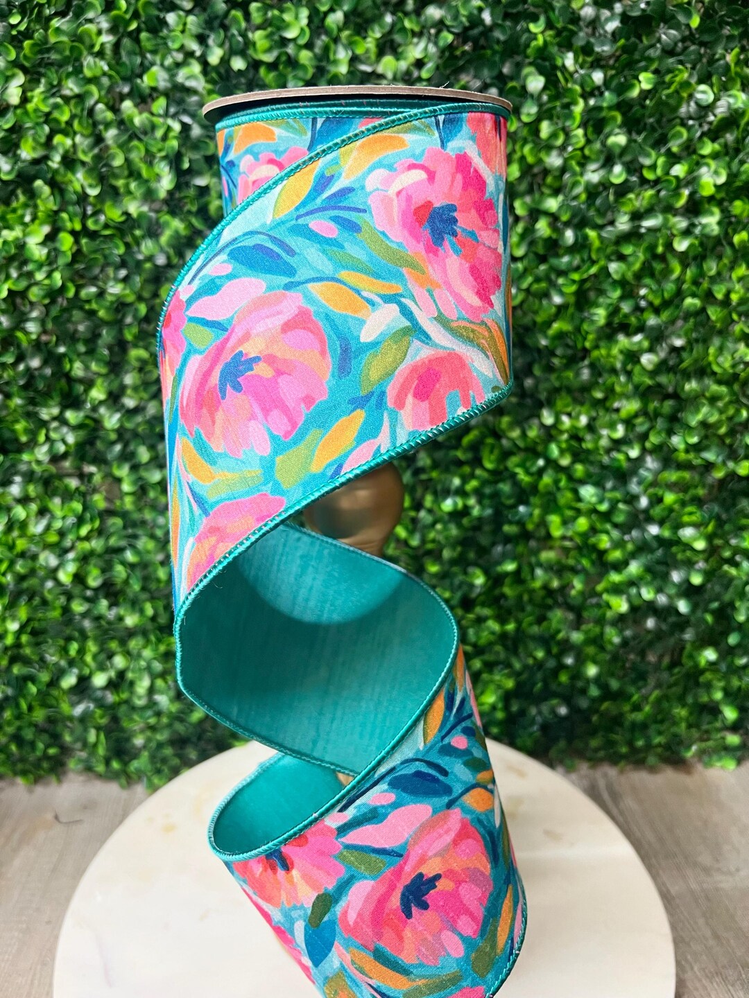 4 Inch Turquoise & Pink Floral Pattern Ribbon - 10 Yards - Etsy