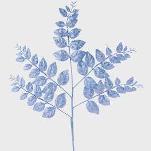 May include: A single stem of artificial foliage with light blue leaves and a glittery finish. The leaves are oval-shaped and arranged along the stem in a symmetrical pattern. The stem is a pale blue color.