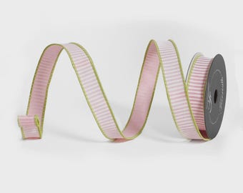 1 Inch Pink & White Stripe W/ Green Trim ~ 10 Yards ~ Wired