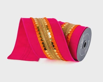 4 Inch Hot Pink & Orange Frills Ribbon ~ Wired ~ 5 yards