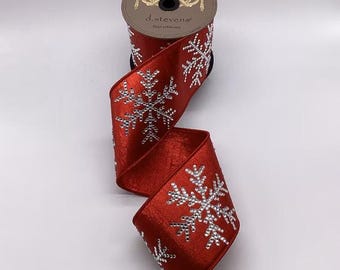 4 Inch Red Metallic Ribbon with Jeweled Snowflake ~ 5 Yards ~ Wired