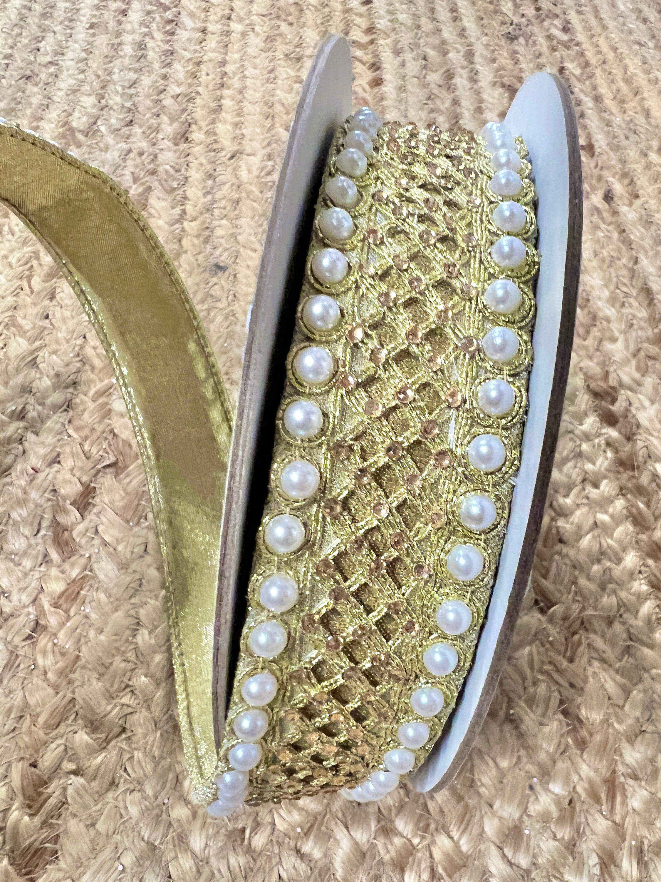 1.5 Gold Pearl and Jewel Embellished Ribbon 5 yards Wired